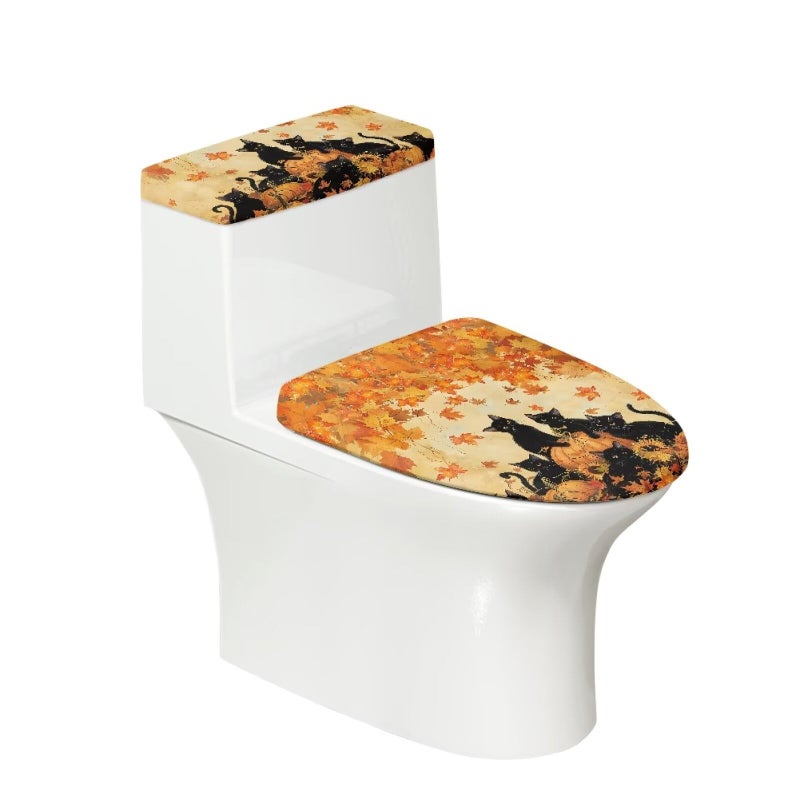GLENLCWE Toilet Lid Seat Cover Set Black Cat Print, Thanksgiving Universal Fit for Standard Toilet Lids Tank Seats Cover Round Home Decor Fall Decorations - Image 1
